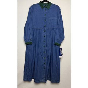 TY Original Wear Full Button Denim Long Sleeve Dress Green Trim Size M Petite